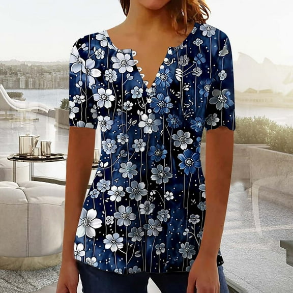 Busydd Womens Summer Tops Casual V Neck Short Sleeve T-Shirt Tops Fashion Floral Button Basic Tunic Tops Comfy Pleated Loose Blouses