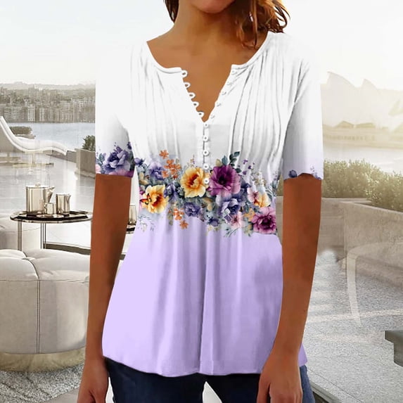 Busydd Womens Summer Tops Casual V Neck Short Sleeve T-Shirt Tops Fashion Floral Button Basic Tunic Tops Comfy Pleated Loose Blouses