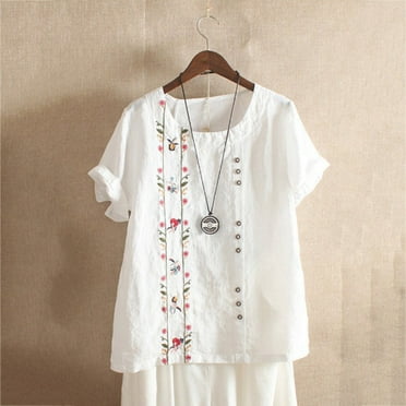 Busydd Womens Summer Tops Cotton Linen T Shirts Short Sleeve Round Neck Button Down Blouses Boho Floral Print Tee Tops Mexican Embroidered Casual Tops Plus Size S-5XL