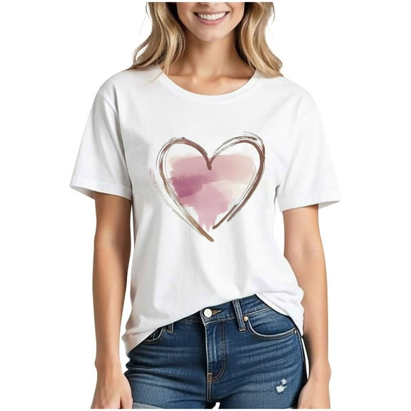 Busydd Womens Summer Tops Fashion Heart Star Graphic Tees Casual Round Neck Short Sleeve Going Out Tops Comfy Breathable Cotton T Shirts for Women L