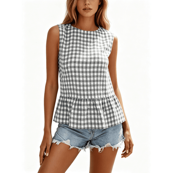 Busydd Womens Summer Tops Fashion Plaid Sleeveless Tank Tops Casual Round Neck Peplum Going Out Tops L