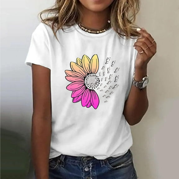 Busydd Womens Summer Tops Fashion Print Cotton T Shirts for Women Casual Round Neck Short Sleeve Graphic Tees Comfy Breathable Going Out Tops 2XL