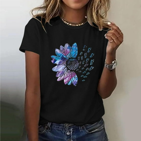 Busydd Womens Summer Tops Fashion Print Cotton T Shirts for Women Casual Round Neck Short Sleeve Graphic Tees Comfy Breathable Going Out Tops L