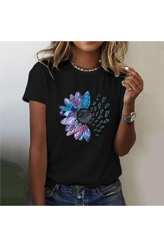 Womens Summer Tops Fashion Print Cotton T Shirts for Women Casual Round Neck Short Sleeve Graphic Tees Comfy Breathable Going Out Tops L
