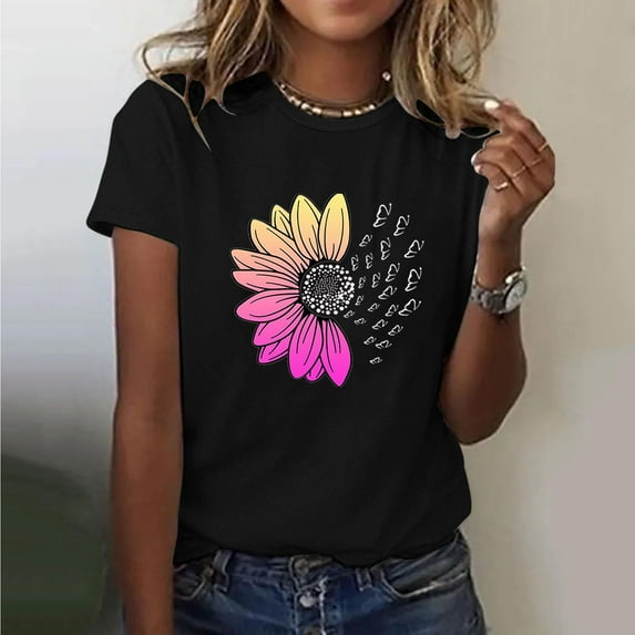 Busydd Womens Summer Tops Fashion Print Cotton T Shirts for Women Casual Round Neck Short Sleeve Graphic Tees Comfy Breathable Going Out Tops S
