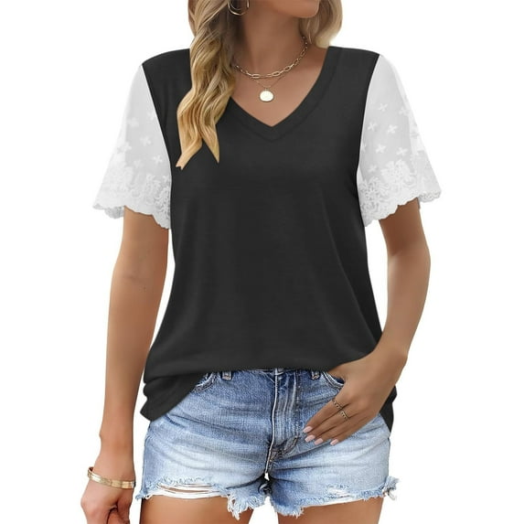 Busydd Womens Summer Tops Fashion Solid Color Patchwork Lace Blouses Casual Stylish V Neck Short Sleeve T-Shirts Comfy Lightweight Versatile Loose Going Out Tops