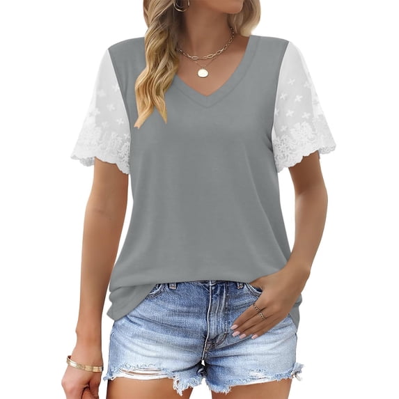 Busydd Womens Summer Tops Fashion Solid Color Patchwork Lace Blouses Casual Stylish V Neck Short Sleeve T-Shirts Comfy Lightweight Versatile Loose Going Out Tops