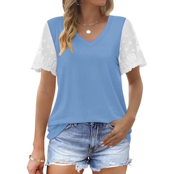 Busydd Womens Summer Tops Fashion Solid Color Patchwork Lace Blouses Casual Stylish V Neck Short Sleeve T-Shirts Comfy Lightweight Versatile Loose Going Out Tops