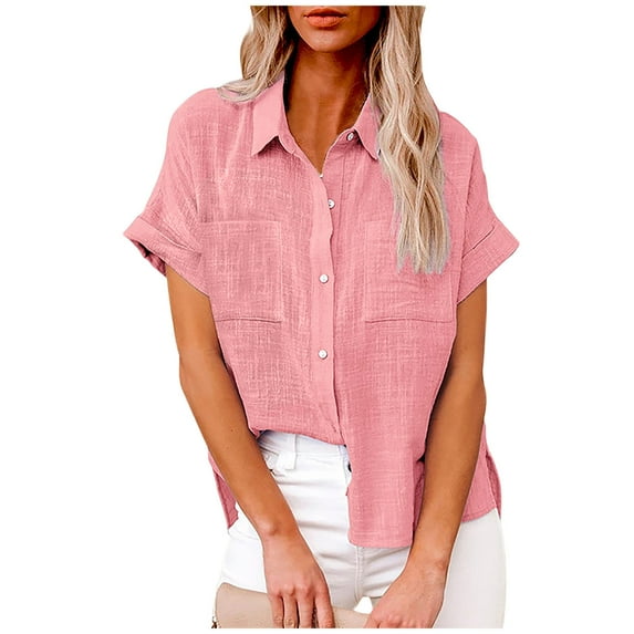 Busydd Womens Summer Tops Fashion Solid Color Turndown Collar Tshirts Short Sleeve V Neck Button Down Shirts Casual Versatile Comfy Cotton Linen Shirts Loose Plus Size Tops for Women S-5XL
