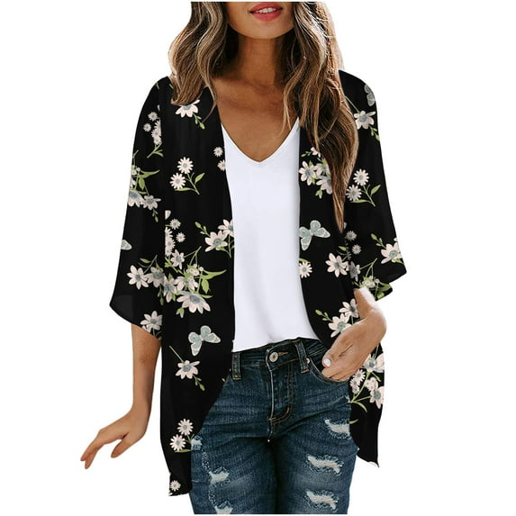 Busydd Womens Summer Tops Hawaiian Floral Print Puff Sleeve Kimono Coverups Fasion Casual 3/4 Sleeve Cardigan Blouses Flowy Loose Beach Vacation Chiffon Cardigan Tops