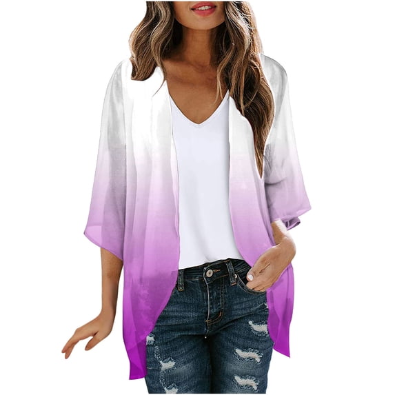 Busydd Womens Summer Tops Hawaiian Floral Print Puff Sleeve Kimono Coverups Fasion Casual 3/4 Sleeve Cardigan Blouses Flowy Loose Beach Vacation Chiffon Cardigan Tops