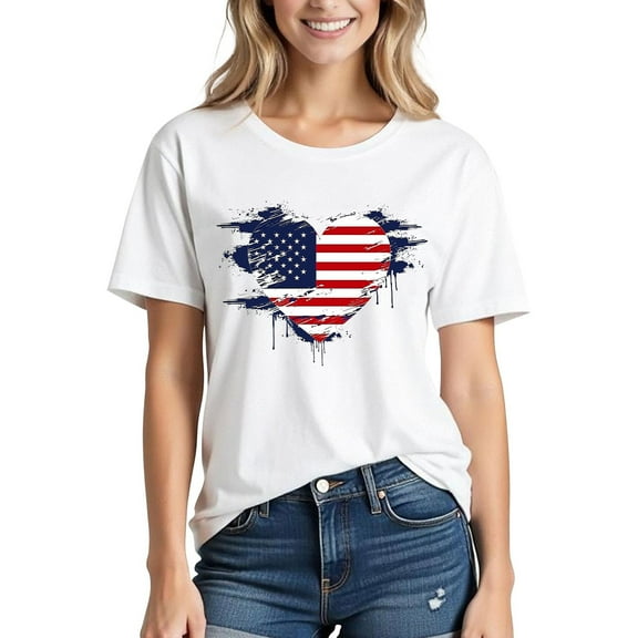 Busydd Womens Summer Tops Independence Day T Shirts for Women Casual Short Sleeve Round Neck Graphic Tees 4th of July USA Patriotic Tops Comfy Cotton Tee Shirts 2XL