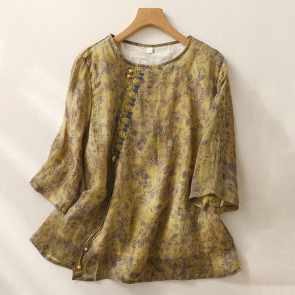 Busydd Womens Summer Tops Short Sleeve Round Neck Cotton Linen Shirts Traditional Mexican Embroidered Blouses Casual Loose Floral Print T Shirts Flowy Pullover Tops for Beach Vacation