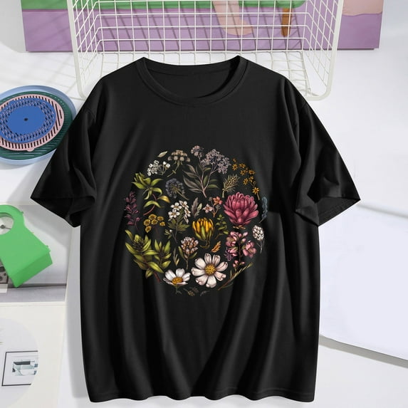Busydd Womens Summer Tops Short Sleeve Round Neck Tshirts Shirts for Women Trendy Floral Print Graphic Tees Casual Comfortable Womens T Shirts 2XL