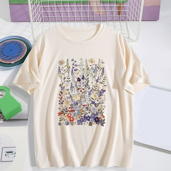 Busydd Womens Summer Tops Short Sleeve Round Neck Tshirts Shirts for Women Trendy Floral Print Graphic Tees Casual Comfortable Womens T Shirts 2XL
