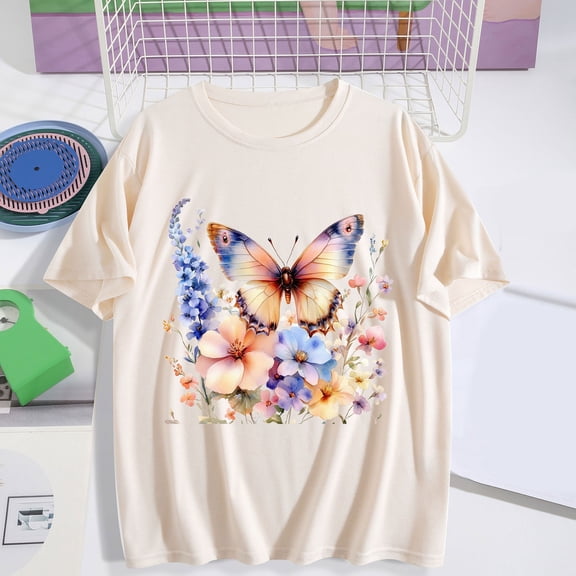 Busydd Womens Summer Tops Short Sleeve Round Neck Tshirts Shirts for Women Trendy Floral Print Graphic Tees Casual Comfortable Womens T Shirts S