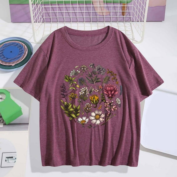 Busydd Womens Summer Tops Short Sleeve Round Neck Tshirts Shirts for Women Trendy Floral Print Graphic Tees Casual Comfortable Womens T Shirts S