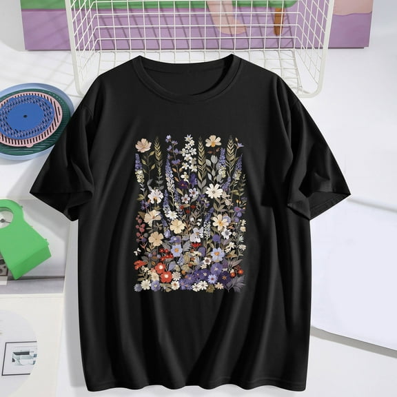 Busydd Womens Summer Tops Short Sleeve Round Neck Tshirts Shirts for Women Trendy Floral Print Graphic Tees Casual Comfortable Womens T Shirts S