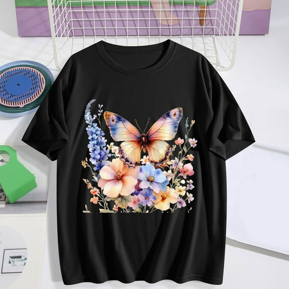 Busydd Womens Summer Tops Short Sleeve Round Neck Tshirts Shirts for Women Trendy Floral Print Graphic Tees Casual Comfortable Womens T Shirts S