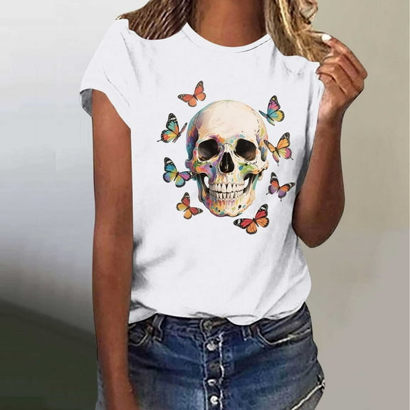 Busydd Womens Summer Tops Skull Print T Shirts for Women Casual Short Sleeve Round Neck Graphic Tees Comfortable Lightweight Cotton T-Shirts 2XL