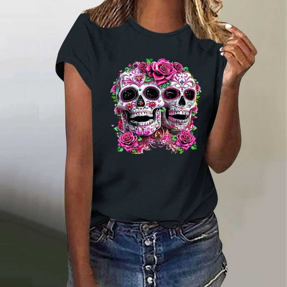 Busydd Womens Summer Tops Skull Print T Shirts for Women Casual Short Sleeve Round Neck Graphic Tees Comfortable Lightweight Cotton T-Shirts 2XL