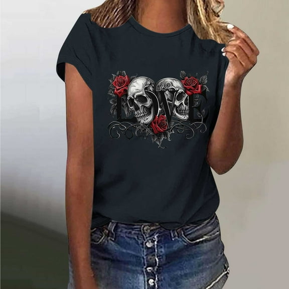 Busydd Womens Summer Tops Skull Print T Shirts for Women Casual Short Sleeve Round Neck Graphic Tees Comfortable Cotton T-Shirts 2XL