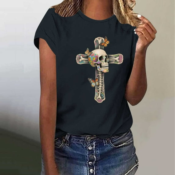 Busydd Womens Summer Tops Skull Print T Shirts for Women Casual Short Sleeve Round Neck Graphic Tees Comfortable Lightweight Cotton T-Shirts S