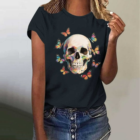 Busydd Womens Summer Tops Skull Print T Shirts for Women Casual Short Sleeve Round Neck Graphic Tees Comfortable Cotton T-Shirts S