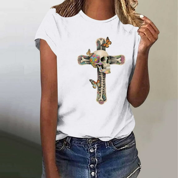 Busydd Womens Summer Tops Skull Print T Shirts for Women Casual Short Sleeve Round Neck Graphic Tees Comfortable Lightweight Cotton T-Shirts S