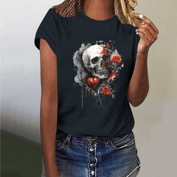 Busydd Womens Summer Tops Skull Print T Shirts for Women Casual Short Sleeve Round Neck Graphic Tees Comfortable Lightweight Cotton T-Shirts XL