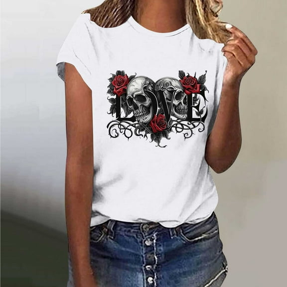 Busydd Womens Summer Tops Skull Print T Shirts for Women Casual Short Sleeve Round Neck Graphic Tees Comfortable Lightweight Cotton T-Shirts XL