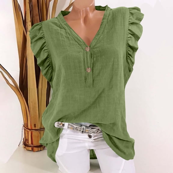 Busydd Womens Summer Tops Solid Color Ruffle Sleeves Going Out Tops Casual Cotton V Neck T Shirts for Women Comfy Lightweight Tee Tops M