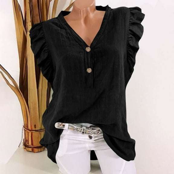 Busydd Womens Summer Tops Solid Color Ruffle Sleeves Going Out Tops Casual Cotton V Neck T Shirts for Women Comfy Lightweight Tee Tops S