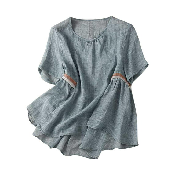 Busydd Womens Summer Tops Stylish Embroidered Cotton Linen Shirts Spring Dressy Casual Round Neck Tshirts Loose Comfy Solid Color Blouses Short Sleeve Flowy Going Out Tee Tops