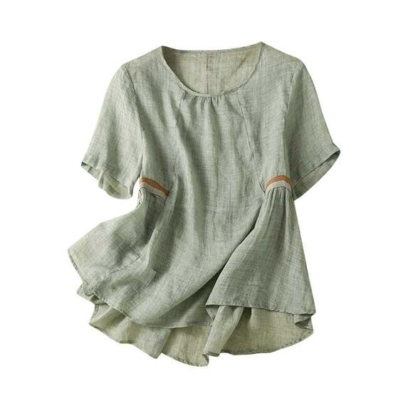 Busydd Womens Summer Tops Stylish Embroidered Cotton Linen Shirts Spring Dressy Casual Round Neck Tshirts Loose Comfy Solid Color Blouses Short Sleeve Flowy Going Out Tee Tops