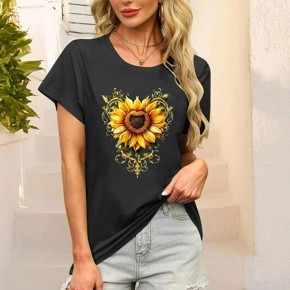 Busydd Womens Summer Tops Trendy Print Round Neck T Shirts for Women Casual Comfortable Graphic Tees for Women Versatile Short Sleeve T-Shirts L