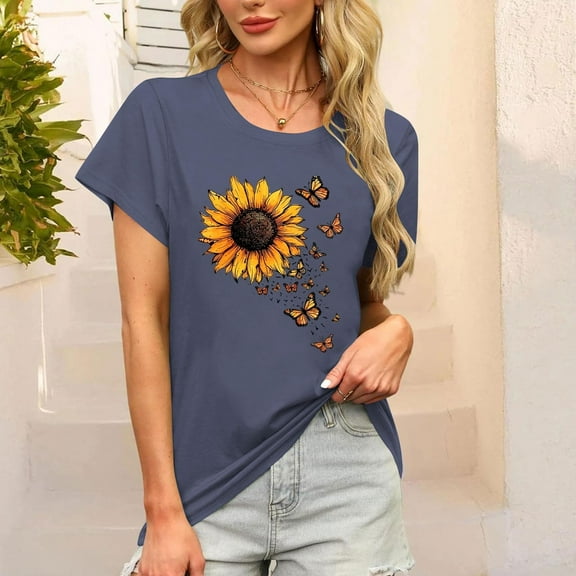Busydd Womens Summer Tops Trendy Print Round Neck T Shirts for Women Casual Comfortable Graphic Tees for Women Versatile Short Sleeve T-Shirts L