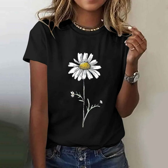 Busydd Womens Summer Tops Trendy Sunflower Print T Shirts for Women Casual Crewneck Short Sleeve Going Out Tops for Women Comfy Lightweight Cotton Graphic Tees S