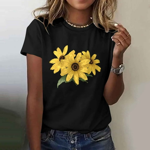 Busydd Womens Summer Tops Trendy Sunflower Print T Shirts for Women Casual Crewneck Short Sleeve Going Out Tops for Women Comfy Lightweight Cotton Graphic Tees XL