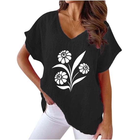 Busydd Womens Summer Tops V Neck Cotton Linen Shirts Casual Short Sleeve Blouses Fashion Floral Print Tee Tops Loose Fit Comfortable T Shirts Stylish Flowy Dressy Going Out Tops
