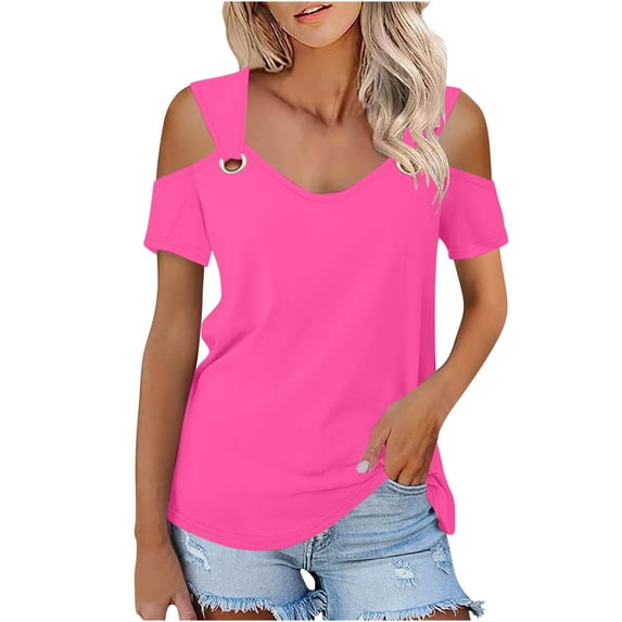 Busydd Womens Summer Tops V Neck Off the Shoulder T Shirts Short Sleeve Solid Color Cold Shoulder Blouses Fashion Casual Versatile Classic Shirt Tops Slim Flowy Work Office Dressy Tee Tops
