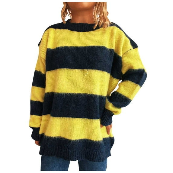 Busydd Womens Sweater Fashion Striped Colorblock Long Sleeve Pullover Sweaters for Women Casual Loose Fall Knit Ladies Sweaters M