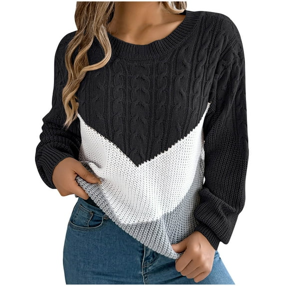Busydd Womens Sweaters Fashion Color Block Knit Sweater Casual Loose Long Sleeve Pullover Sweaters for Women Trendy Fall Crewneck Sweater