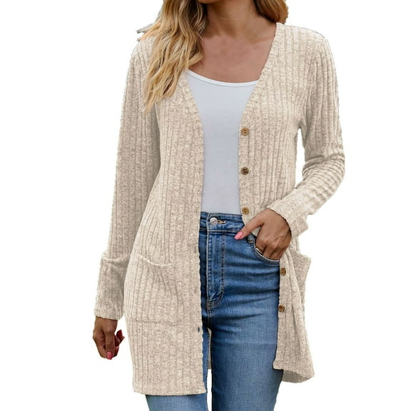Busydd Womens Sweaters Fashion Knitted Ribbed Cardigan Sweaters for Women Solid Color Warm Winter Coats Open Front Button Down Long Sleeve Cardigan Coats Casual Loose Sweater Tops with Pockets