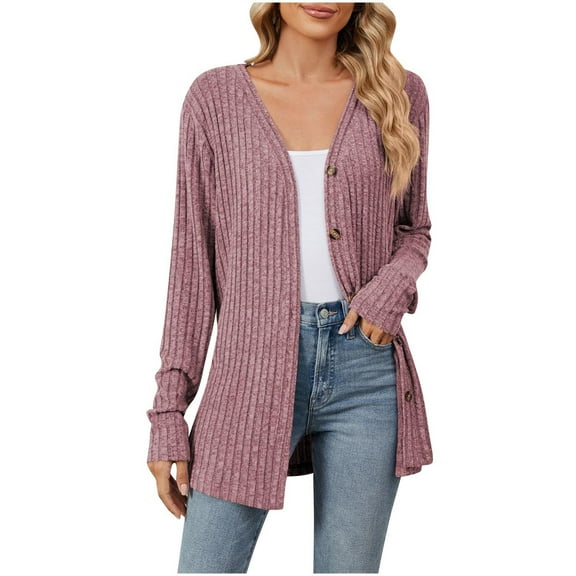 Busydd Womens Sweaters Fashion Knitted Ribbed Cardigan Sweaters for Women Solid Color Warm Winter Coats Open Front Button Down V Neck Long Sleeve Cardigan Coats Casual Loose Sweater Tops