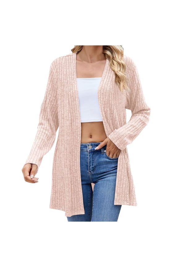 Womens Sweaters Fashion Knitted Ribbed Cardigan Sweaters for Women Solid Color Warm Winter Coats Open Front Long Sleeve Cardigan Sweater Casual Loose Sweater Coats