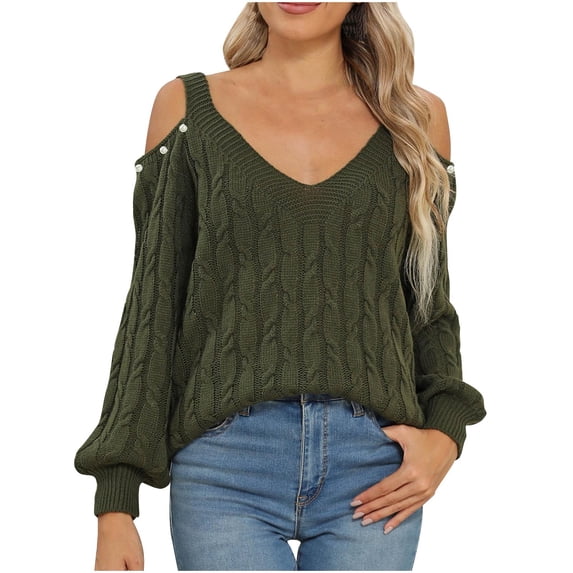 Busydd Womens Sweaters Long Sleeve Off the Shoulder Sweater Solid Color V Neck Sweater Cable Knit Sweater for Women Casual Loose Fall Sweaters Blouse Tops Trendy Pullover Sweaters for Women