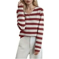 thumbnail image 1 of Busydd Womens Sweaters Trendy Knit Cotton V Neck Sweaters for Women Striped Long Sleeve Pullover Women Sweaters Casual Round Neck Fall Ladies Sweaters 2XL, 1 of 4