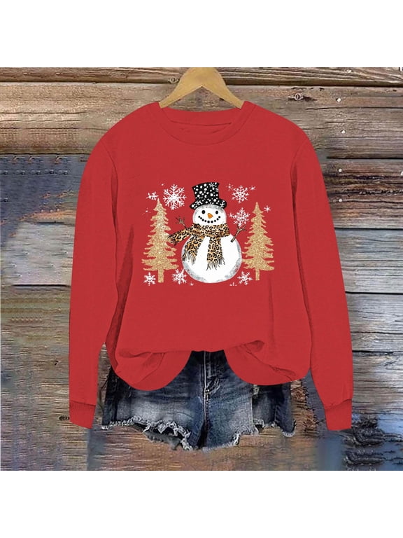 Womens Sweatshirt Fashion Graphic Print Christmas Sweatshirts for Women Comfy Cotton Fall Long Sleeve Crewneck Sweatshirt L