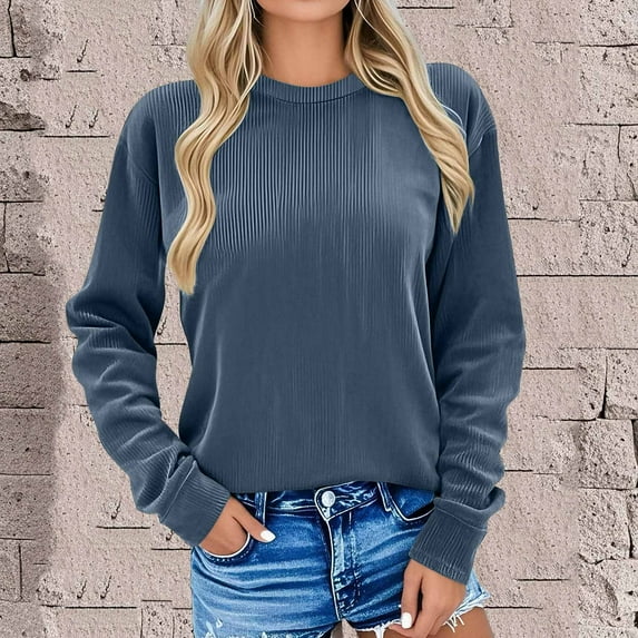 Busydd Womens Sweatshirts Casual Solid Color Long Sleeve Crewneck Sweatshirts Fashion Cotton Ribbed Fall Sweatshirt for Women L